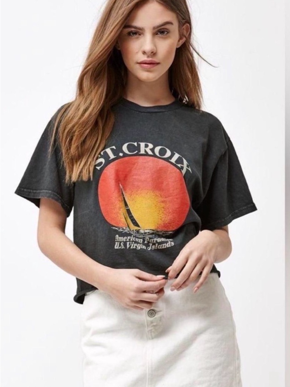 Brandy Melville Vintage St. Croix Black Crop Tee with Sunset Sail Graphic